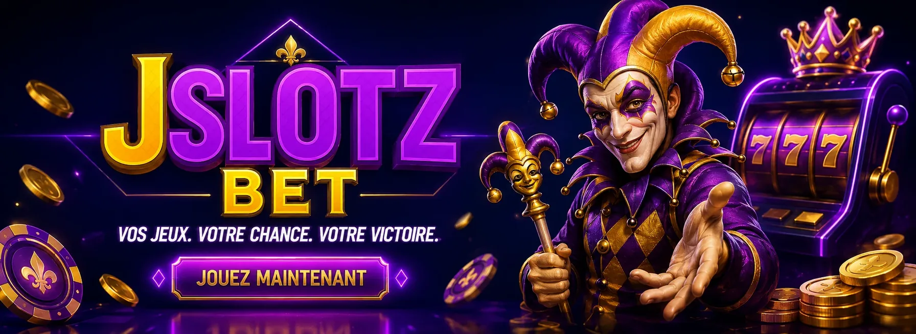 Bannière JSlotz Casino avec le joker doré et l'offre de 20 tours gratuits sans dépôt
